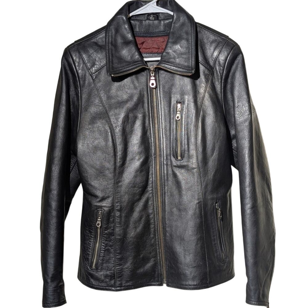 FLYING BIKES Oakwood NY Chapter Leather Zip Front Motorcycle Jacket Sz L